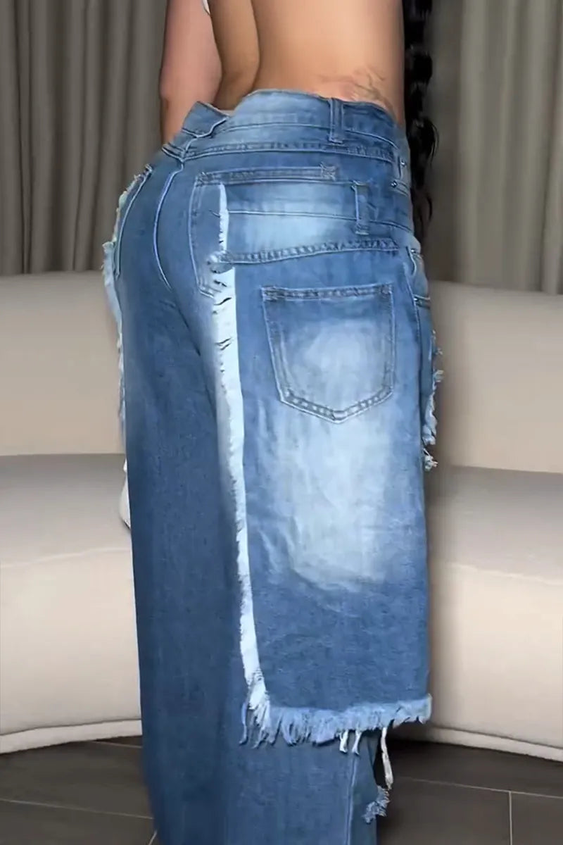 Fashion Ripped Washed Double Layer Panel Jeans