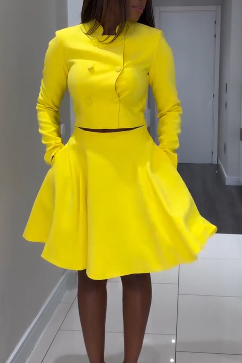 Women's Round Neck Double Breasted Top+ Half Skirt Solid Color Elegant Casual Set