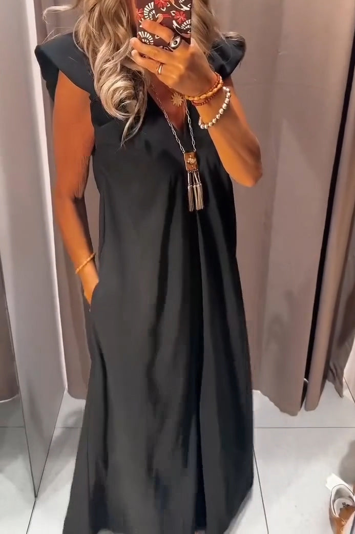 Women's Elegant Wide Shoulder V Neck Dress