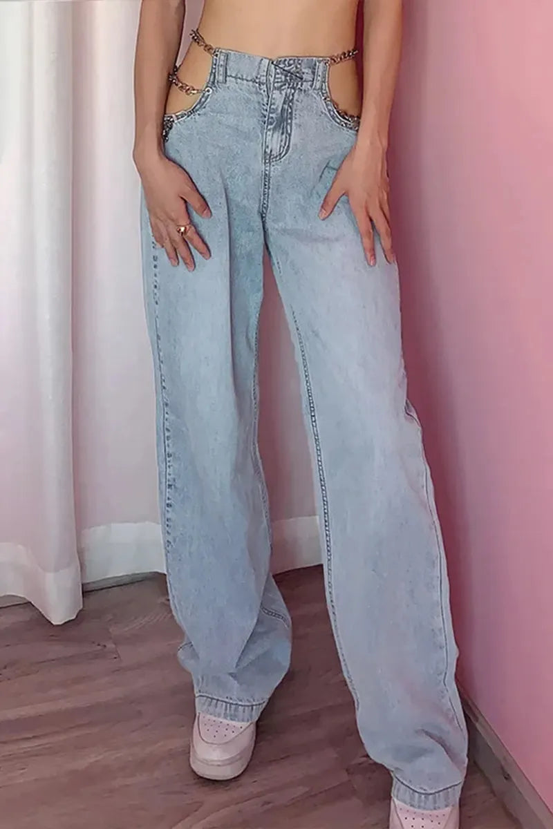 Women's Loose Straight Jeans with Chain-Link Cut-Out Design