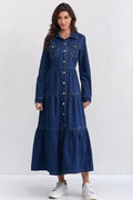 Women Lapel Stitching Buttoned Casual Denim Dress