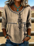 Retro Floral Art Print Casual Hollow Denim Shirt