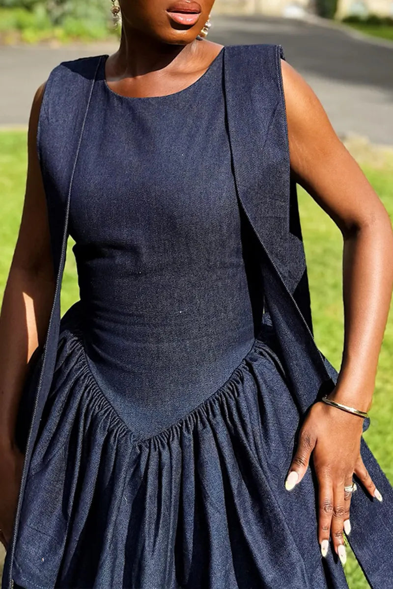Women's Casual Double Layer Flounce Hem Denim Dress