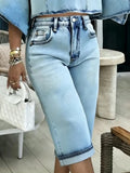 Buttoned Contrast Color Pockets Split-Joint High Waisted Denim Shorts