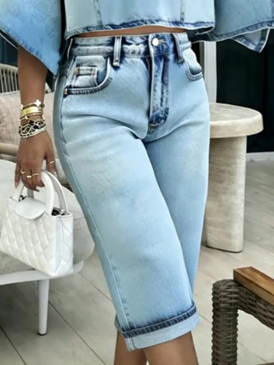 Buttoned Contrast Color Pockets Split-Joint High Waisted Denim Shorts