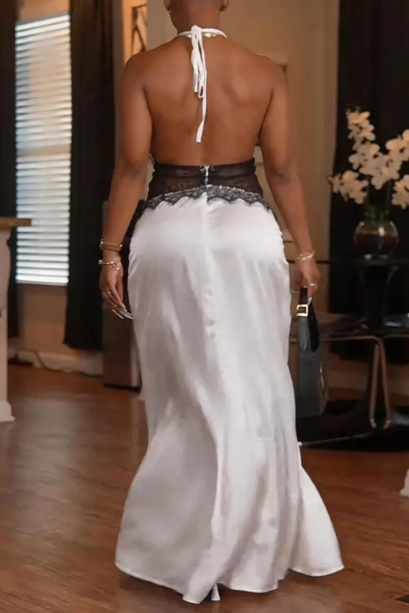 Women's Elegant Lace Panel Halter Maxi Dress
