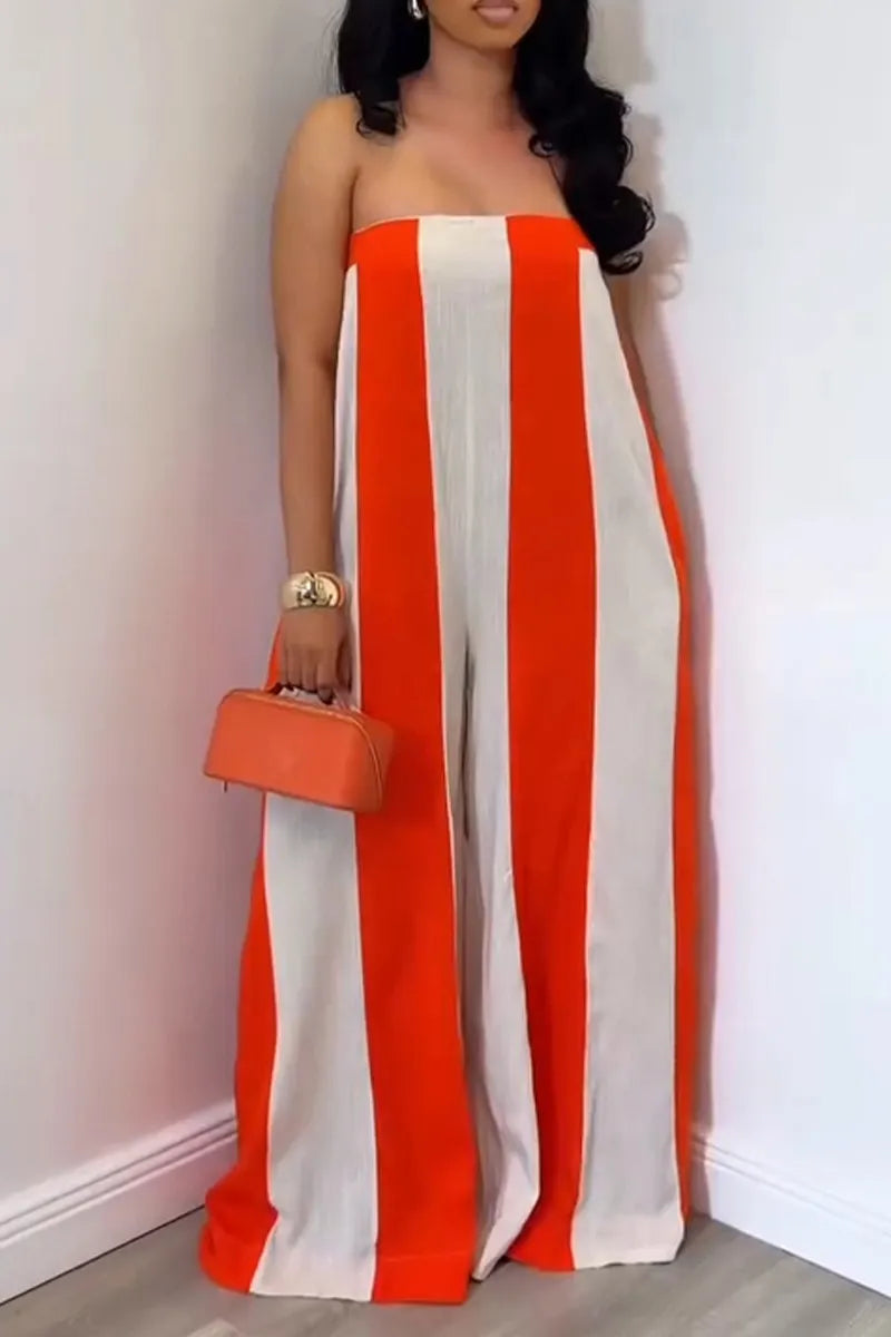 Women's Casual Strapless Wide Stripe Wide Leg Jumpsuit