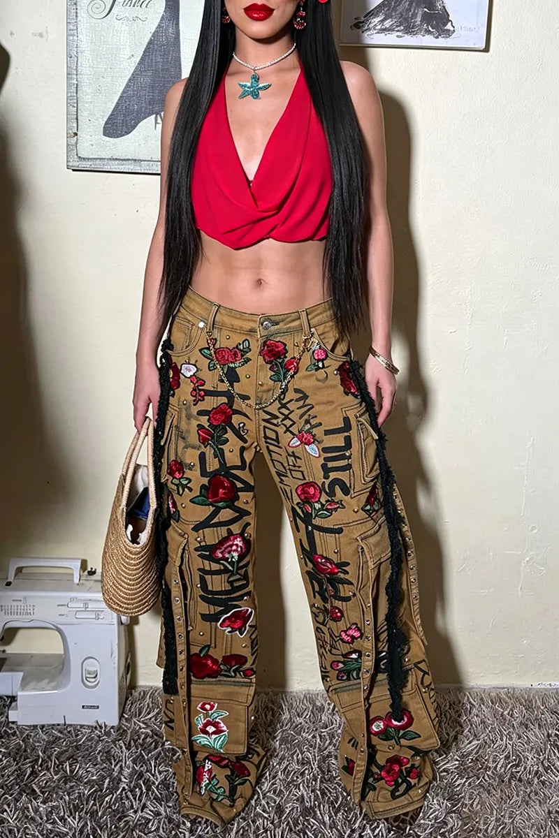 Women's Fashion Embroidered Letter Print Cargo Jeans