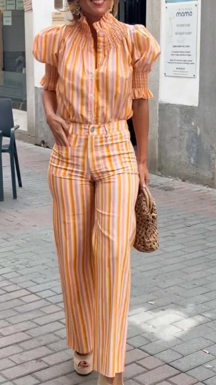Women Round Neck Vertical Stripe Top + Pants Casual Set with Temperament