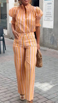 Women Round Neck Vertical Stripe Top + Pants Casual Set with Temperament
