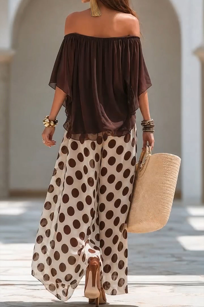 Women's Vacation Mesh Off-Shoulder Top Polka Dot Pants Two-Piece Set