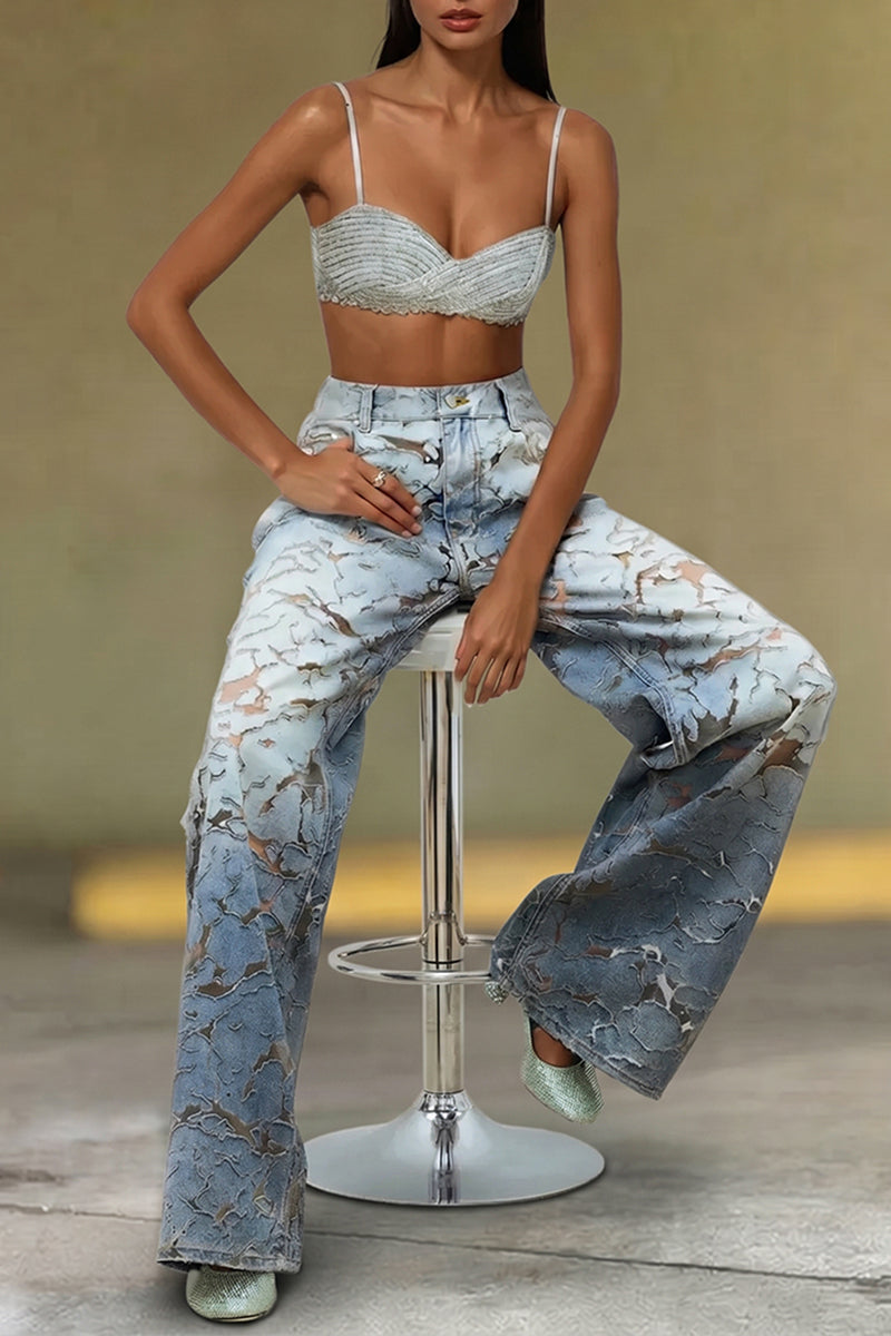 Women's Fashion Textured Wash Design Wide Leg Jeans