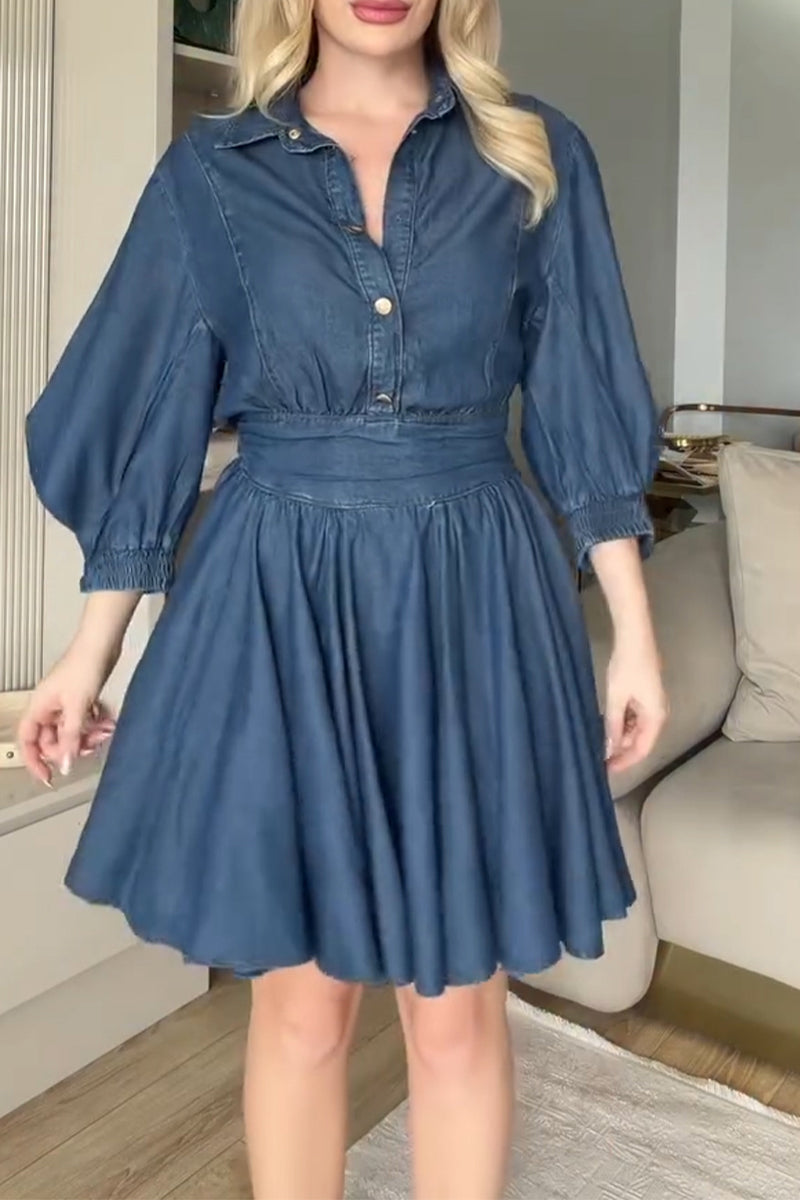 Women's Casual Puff Sleeve Waist Cinching Denim Mini Dress