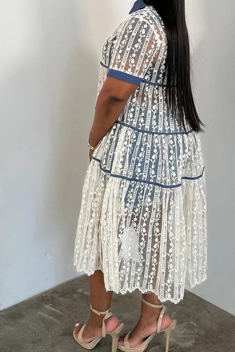 Ladies' Fashionable Casual Lace V-Neck Short Sleeved Contrasting Button Top Denim Mid Length Skirt