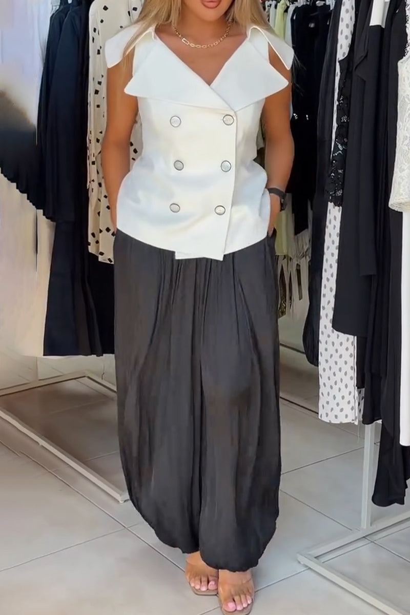 Women's Collar Double Breasted Top or Casual Solid Color Lantern Pants