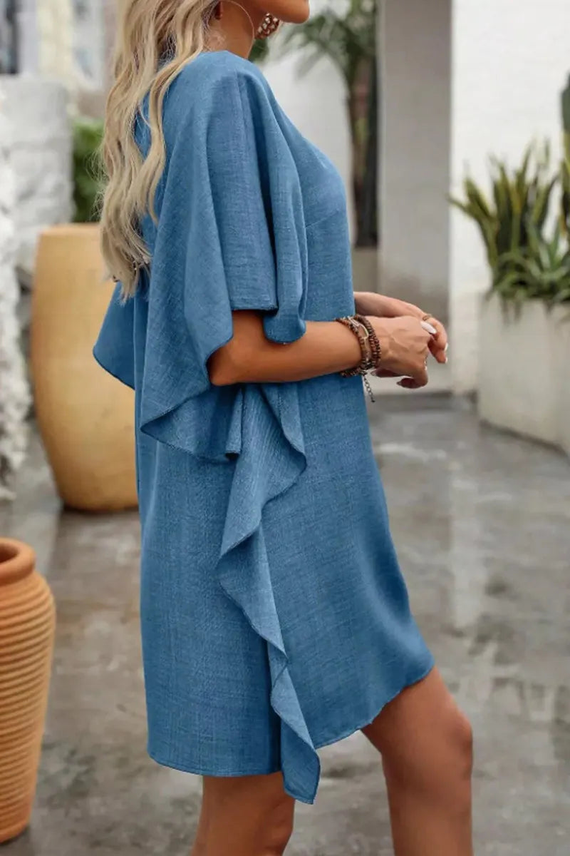 Women Light Wash Chambray Ruffle Sleeve V Neck Loose Fit Short Tunic Casual Dress