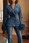 Women's Elegant Lapel Waist Cinching Feather Hem Decoration Denim Blazer or Jeans