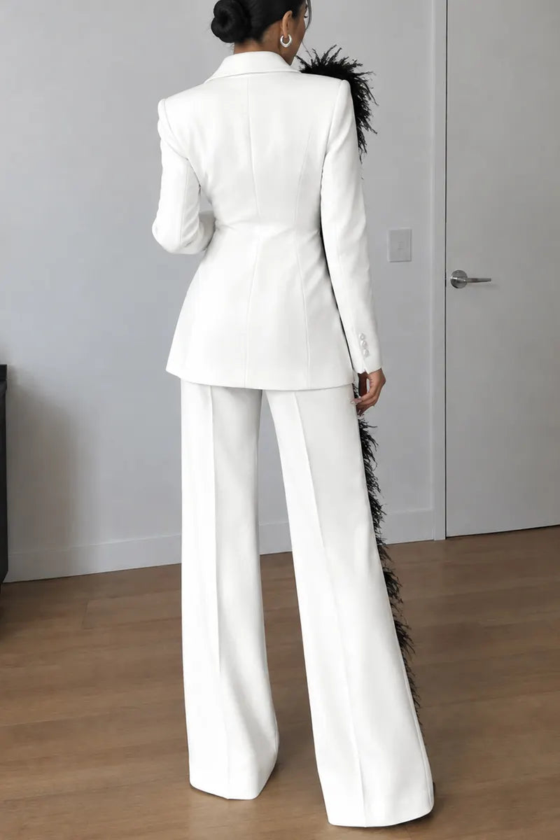 Women's Slim Fit Notched Lapel Woven Feather Trim White Blazer or Pants