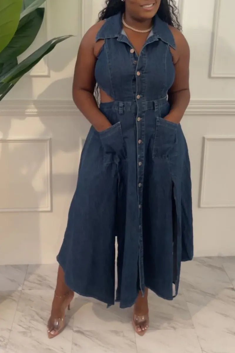 Women's Fashion Streetwear Style Denim Halter Neck Open Front Maxi Dress