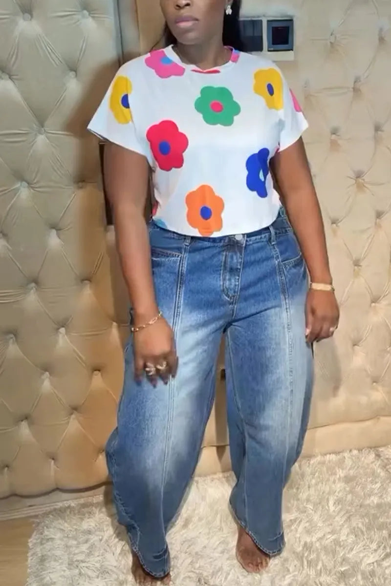 Women's Casual Round Neck Printed Top or Washed and Spliced Jeans