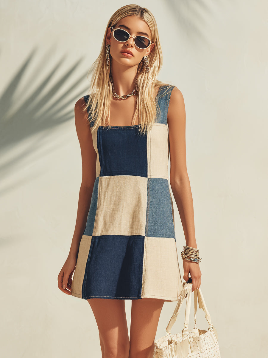 Bohemian Beach Vacation Sleeveless Blue And White Faux Denim Patchwork Square Neck Mini Dress