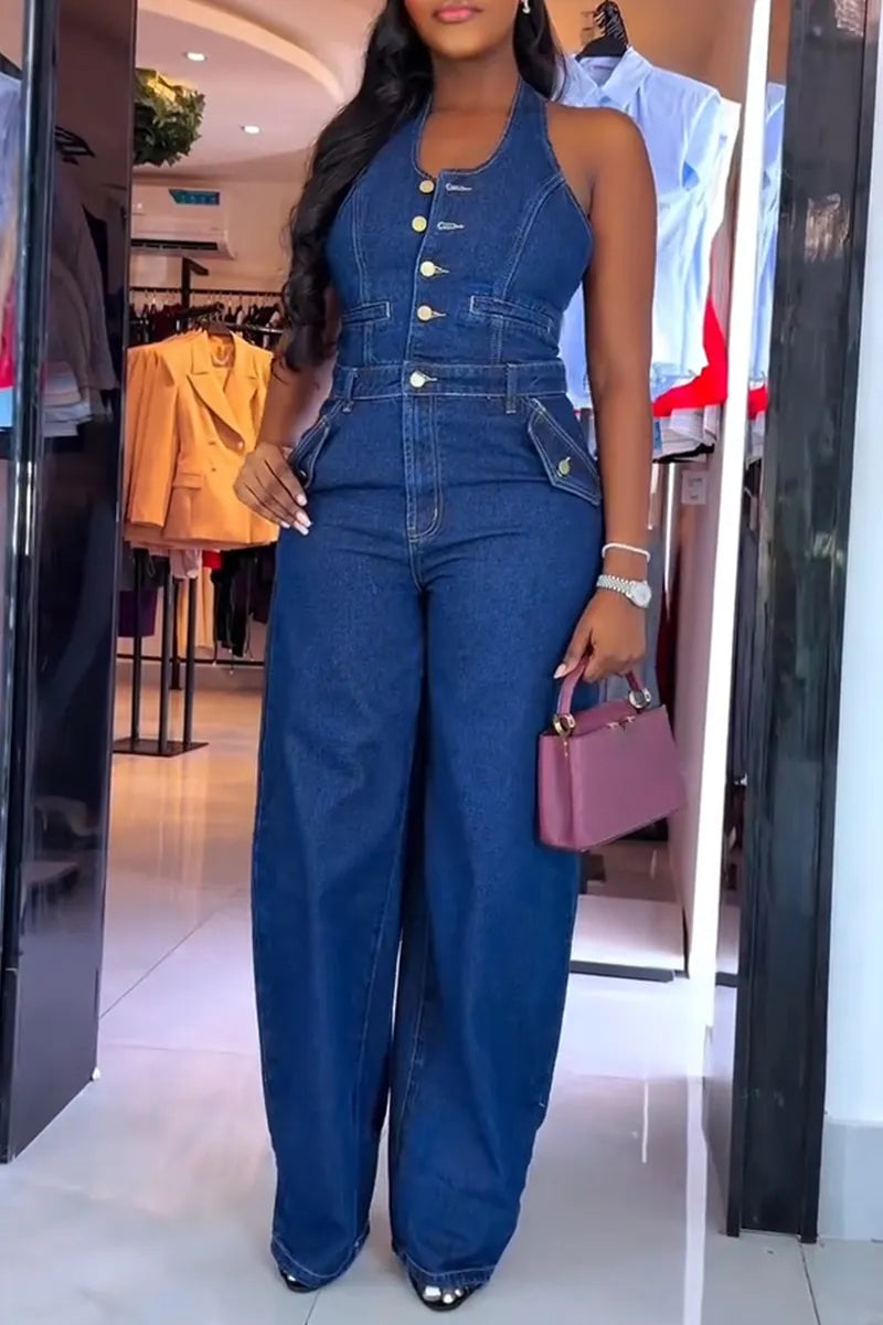 Women's Casual Summer Halter Button Front Backless Denim Jumpsuit