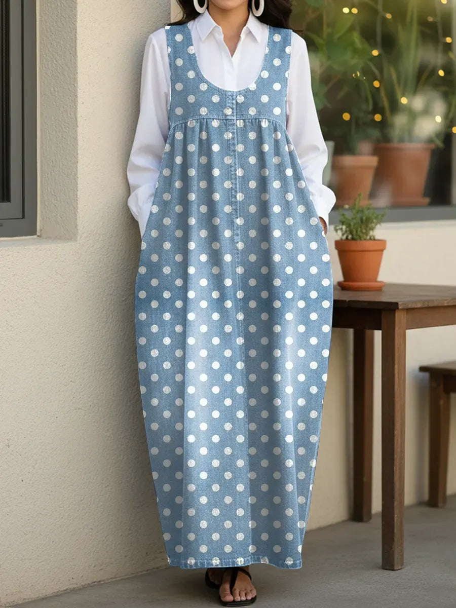 Women's Cute Polka Dots Casual Loose Denim Vest Dress