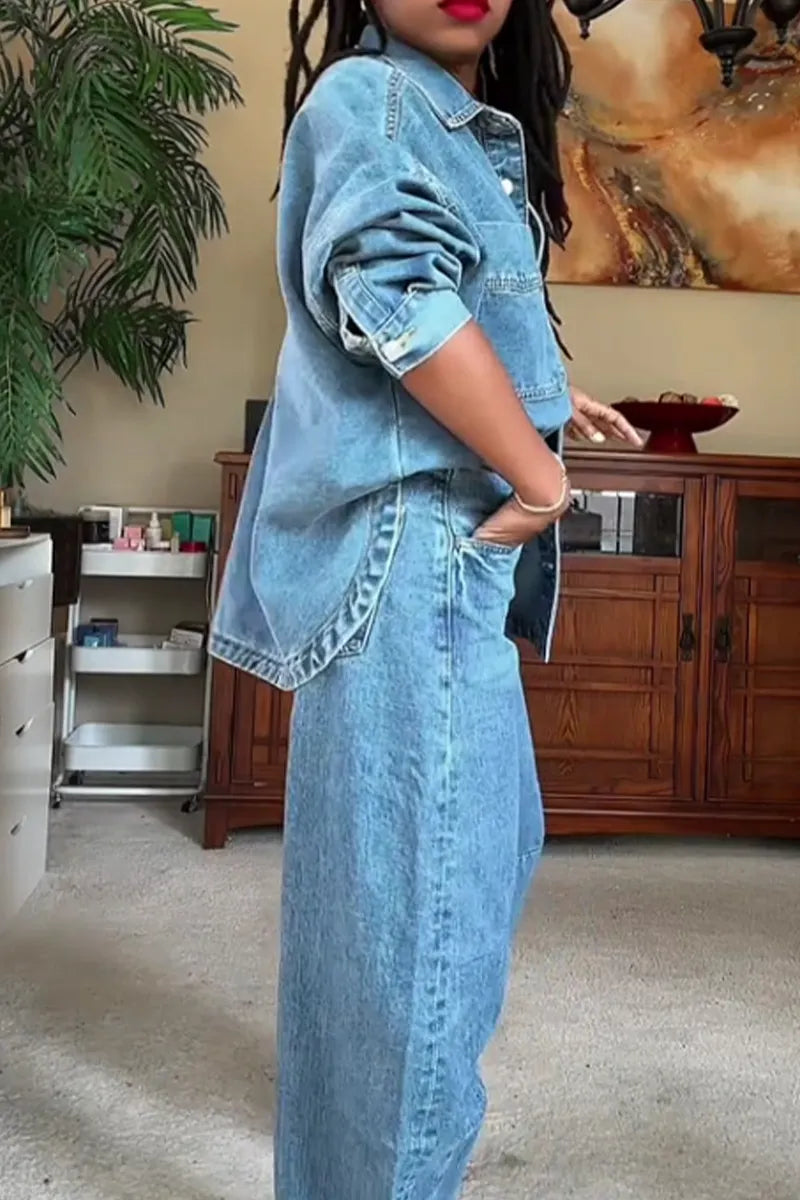Women's Casual Loose Fit Denim Jacket Or Casual Wide Leg Jeans