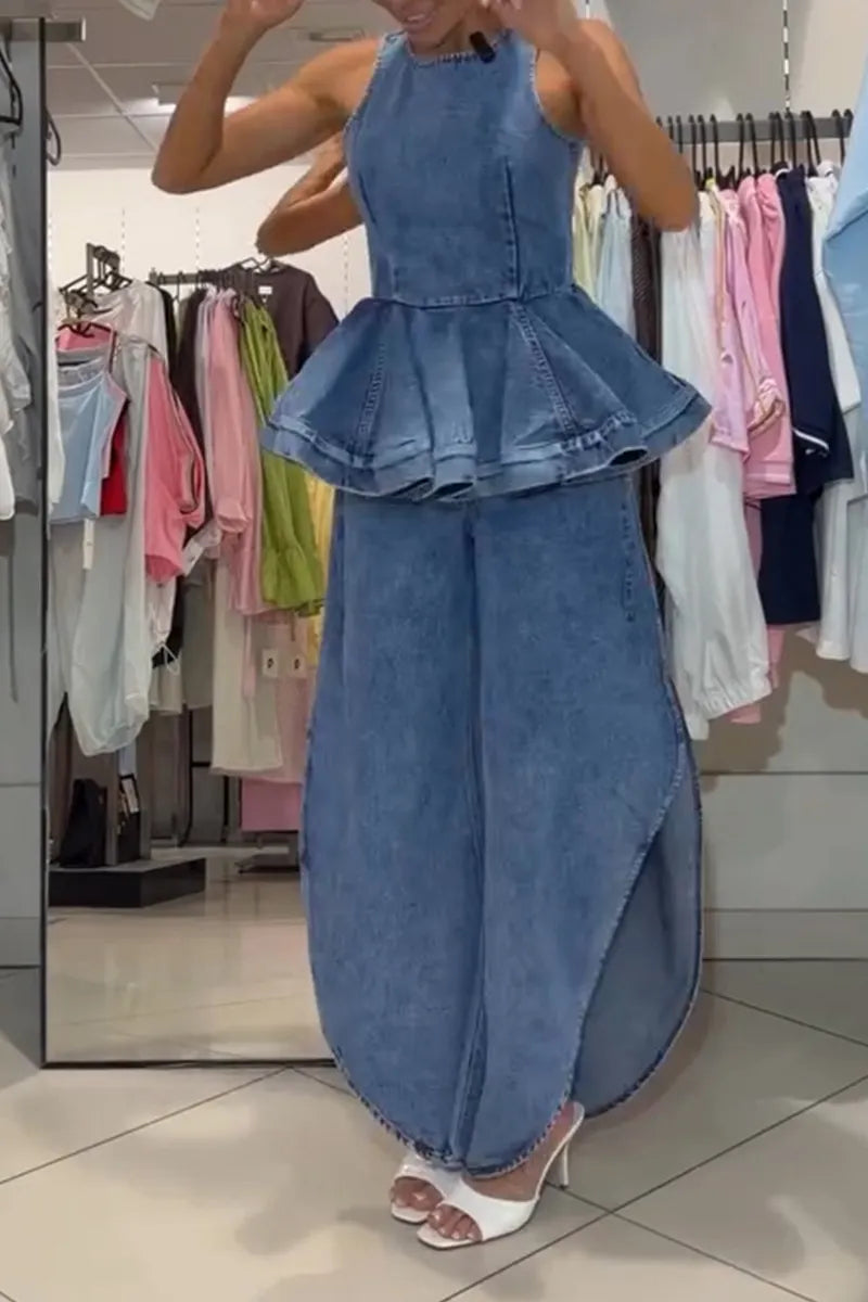 Women's Elegant Ruffle Hem Denim Vest or Curved Cut Slit Jeans