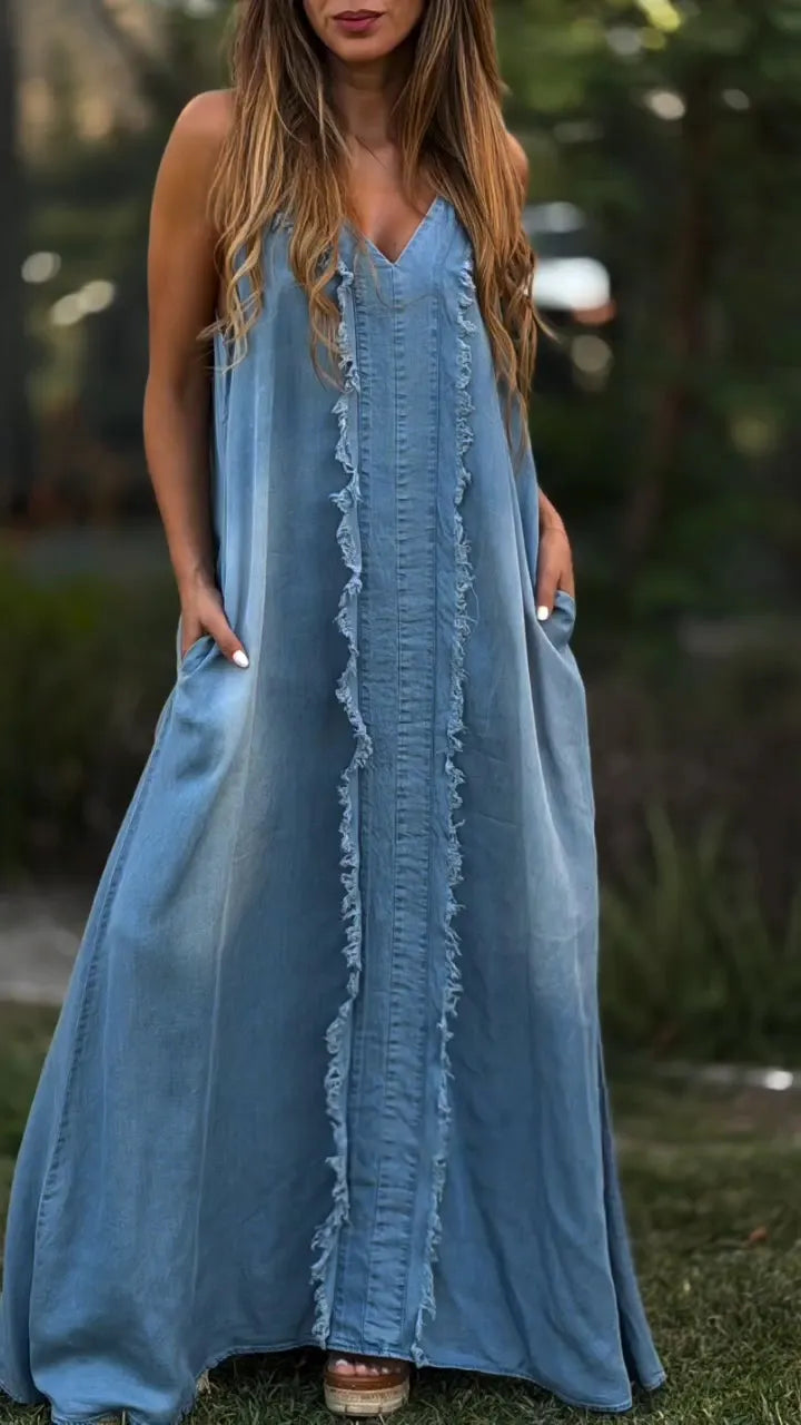 Women Spaghetti Strap Patchwork Washed Casual Denim Dress