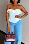 Women Strapless Patchwork Lace Pattern Sexy Casual Top