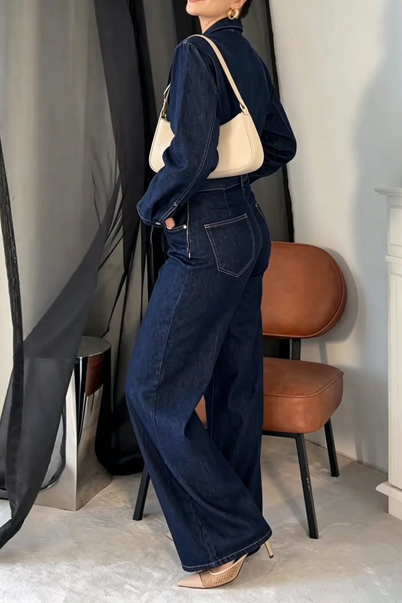 Women's Casual Versatile Long Sleeve Denim Jumpsuit with Belt