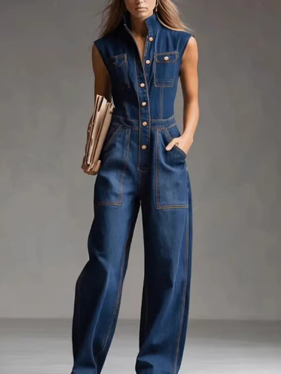 Buttoned Pockets Solid Color Split-Joint Loose Plus Size Stand Collar Jumpsuits