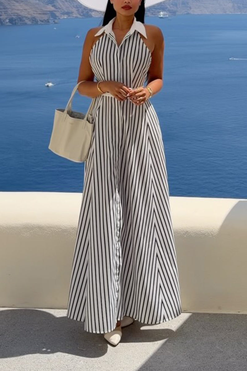 Women's Fashion Vacation Lapel Stripe Maxi Dress