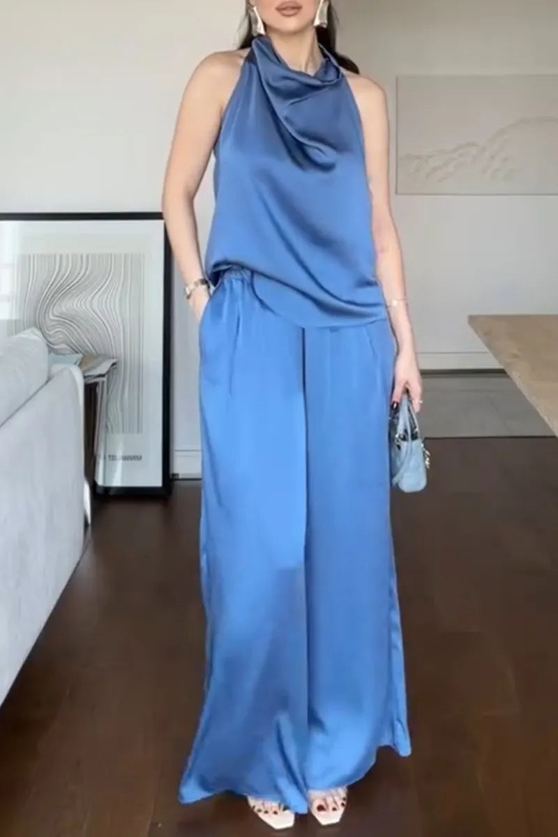 Women's Elegant Drape Satin Vest Pants Two-Piece Set