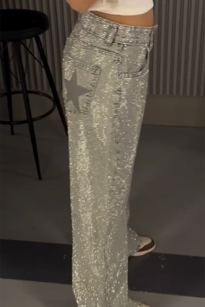 Women's Fashion Rhinestone Star Pattern Jeans