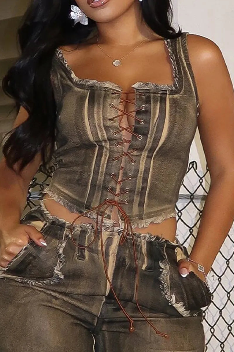 Women's Casual Lace Up Y2K Denim Camisole Or Loose Fit Wide Leg Jeans With Pockets