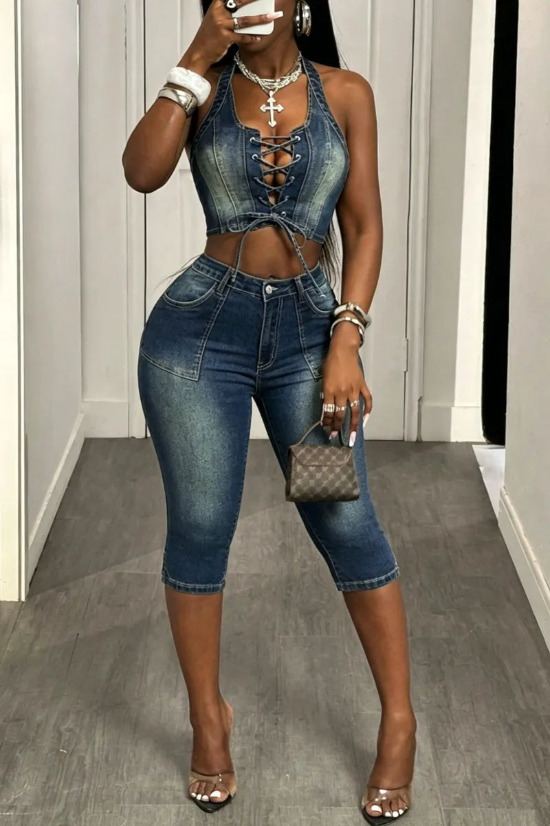 Women's Washed Denim Halter Lace-Up Crop Top Or Capri Pants
