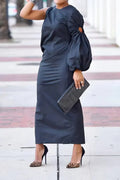 Women's Asymmetrical Black Maxi Dress with Single Statement Puff Sleeve