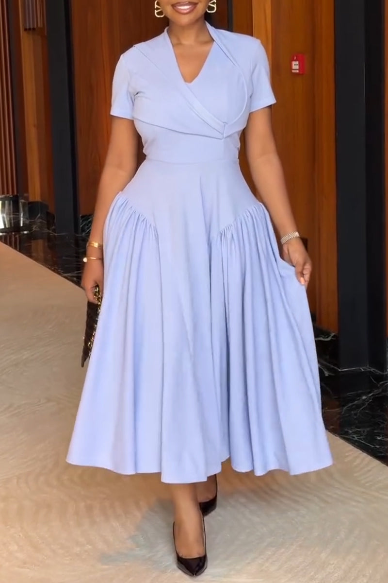 Women's V-neck Patchwork Waist Cinching Solid Color Elegant Temperament Dress
