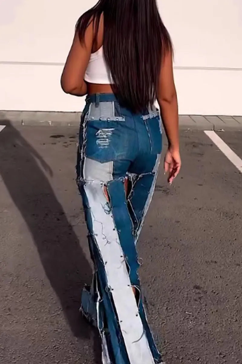 women's White Base Patch Denim Raw Fray Edge Sleeveless Cropped Tank Top Or High Waist Multi Wash Patchwork Fray Cutout Wide Leg Baggy Denim Pants