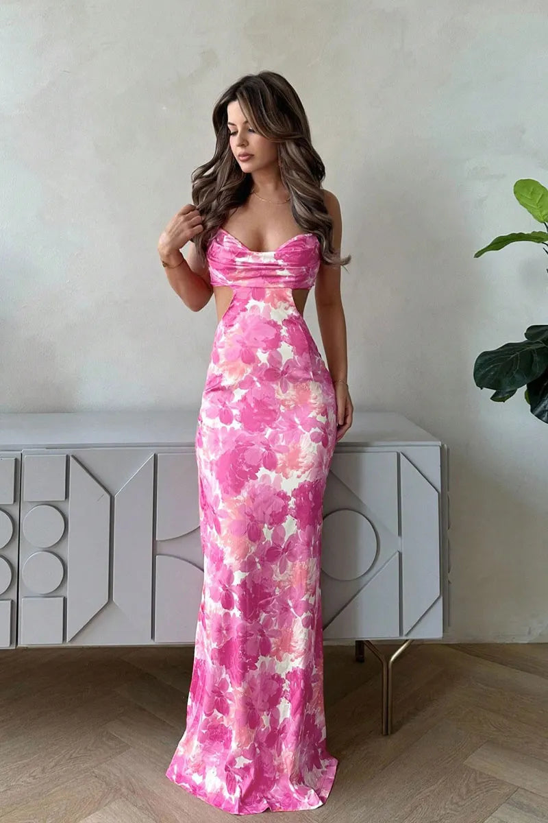 Floral Rendering Print Dress - Halter Neck Open Back Maxi Dress