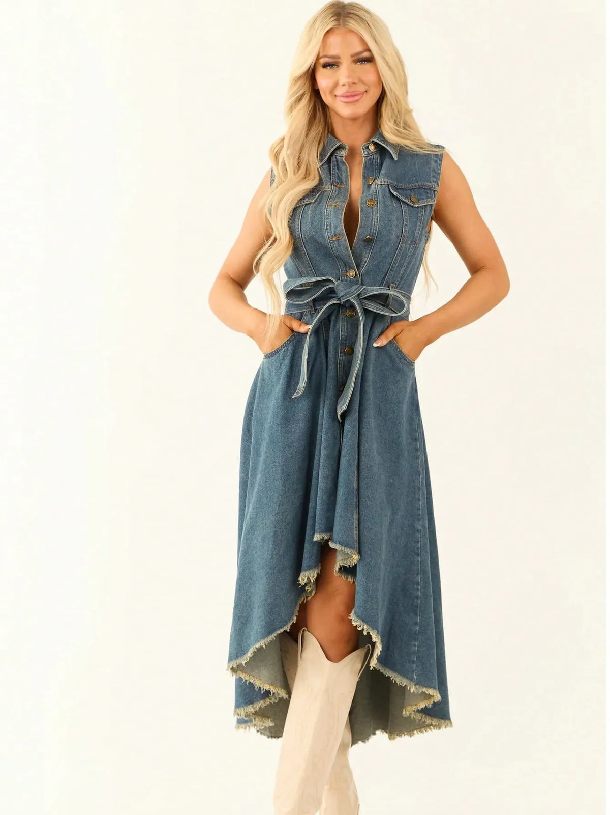 Edgy Irregular Raw Hem Sleeveless Denim Midi Dress