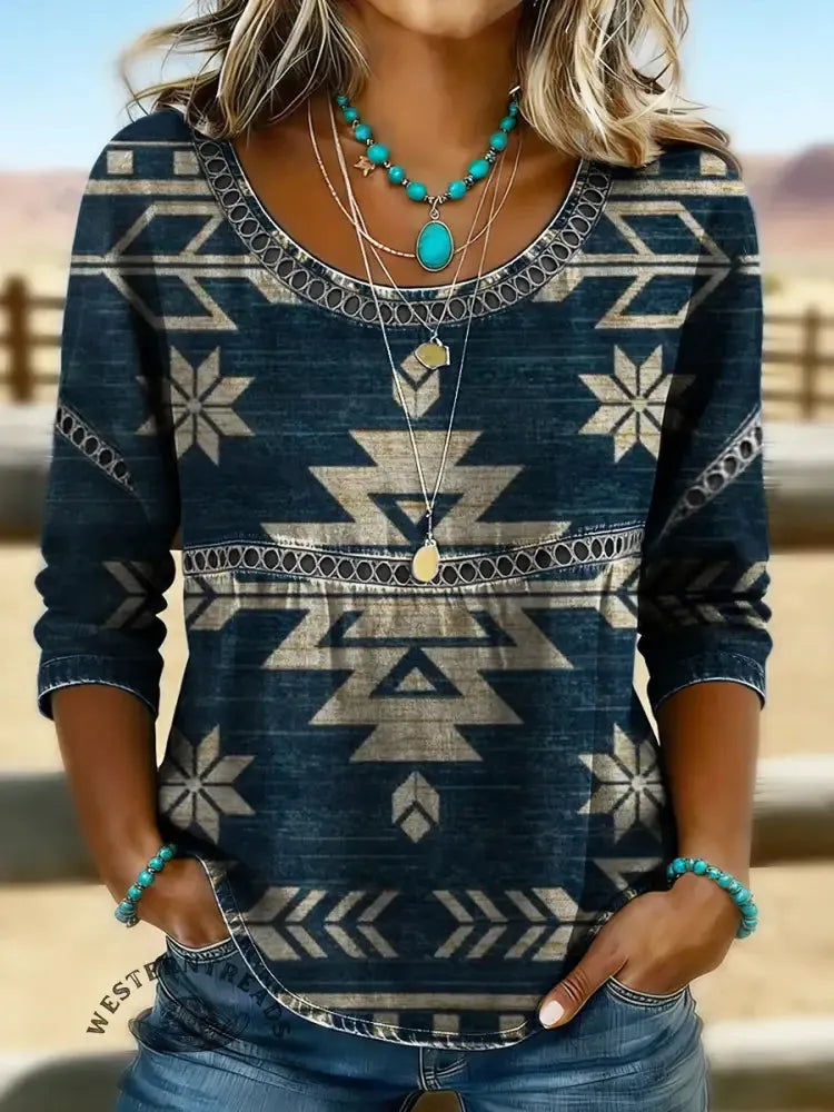 Women's Vintage Aztec Print Casual Short Sleeves Denim Shirt