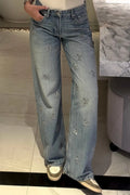 Ladies' Popular Casual Washed Star Rhinestone Straight Leg Jeans