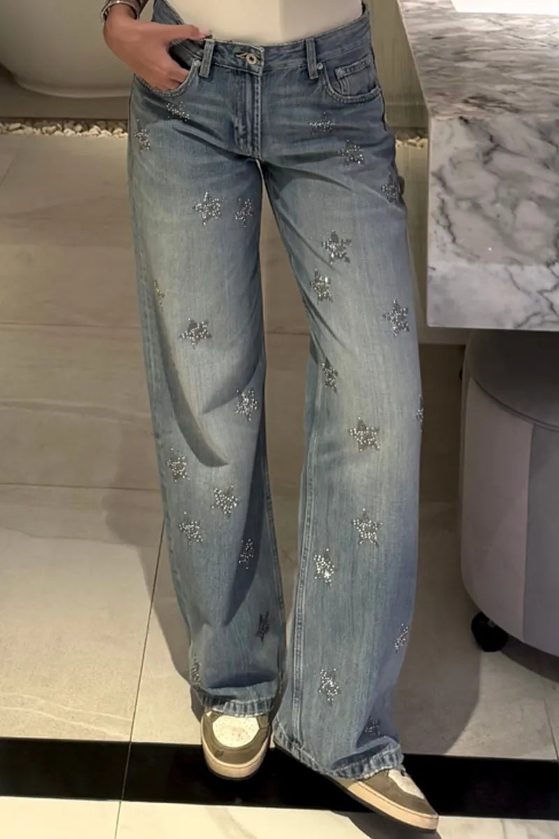 Ladies' Popular Casual Washed Star Rhinestone Straight Leg Jeans