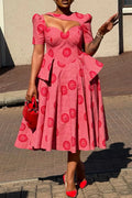 Women's Hollow Print Waist Cinching Elegant Temperament Dress