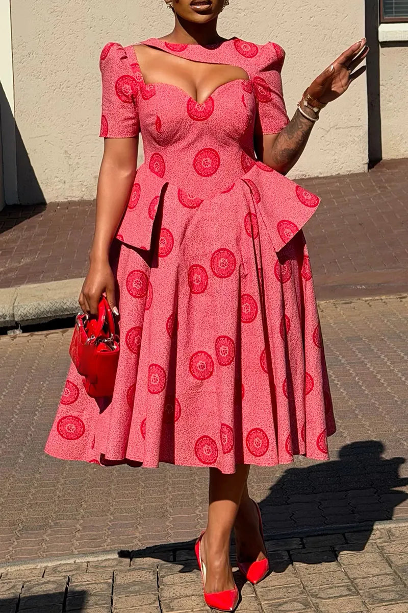 Women's Hollow Print Waist Cinching Elegant Temperament Dress