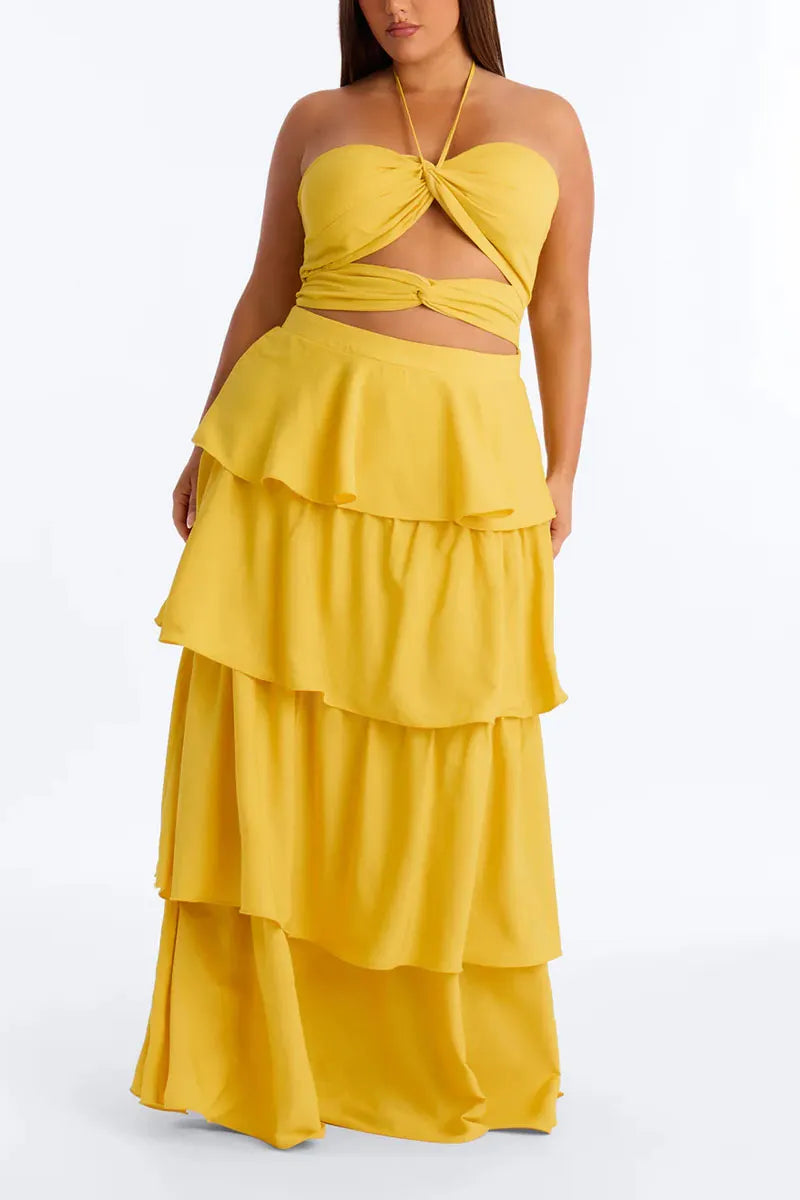 Women's Boho Halter Cutout Waist Layered Maxi Dress