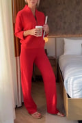 Women's Round Neck Half Zipper Top+ Pants Casual Suit